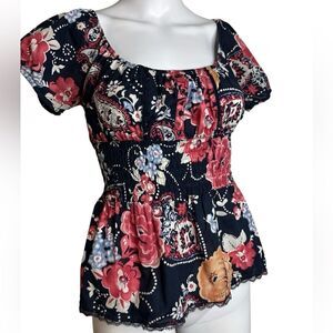 Xhilaration Floral Paisley Peplum Top Blue and Red Size XS